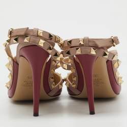 Pre Owned Valentino Red/Beige Leather Rockstud Ankle Strap Pumps Size 39.5