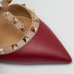 Pre Owned Valentino Red/Beige Leather Rockstud Ankle Strap Pumps Size 39.5