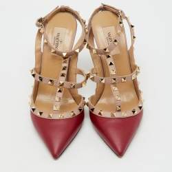 Pre Owned Valentino Red/Beige Leather Rockstud Ankle Strap Pumps Size 39.5