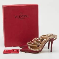 Pre Owned Valentino Red/Beige Leather Rockstud Ankle Strap Pumps Size 39.5