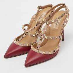 Pre Owned Valentino Red/Beige Leather Rockstud Ankle Strap Pumps Size 39.5