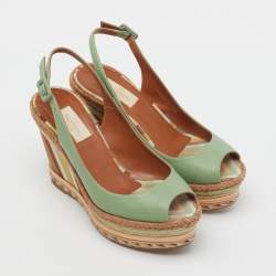 Pre Owned Valentino Light Green Leather Slingback Platform Wedge Sandals Size 38