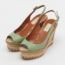 Pre Owned Valentino Light Green Leather Slingback Platform Wedge Sandals Size 38