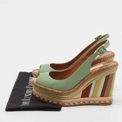 Pre Owned Valentino Light Green Leather Slingback Platform Wedge Sandals Size 38