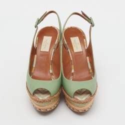 Pre Owned Valentino Light Green Leather Slingback Platform Wedge Sandals Size 38