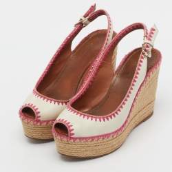 Pre Owned Valentino White Leather Slingback Espadrille Platform Wedge Sandals Size 38