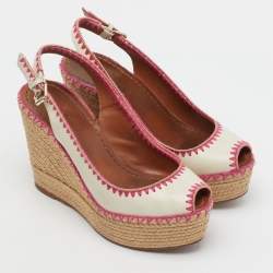 Pre Owned Valentino White Leather Slingback Espadrille Platform Wedge Sandals Size 38