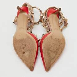 Pre Owned Valentino Red/Beige Leather Rockstud Ankle Strap Pumps Size 37.5