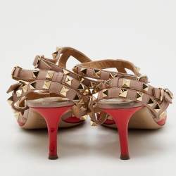 Pre Owned Valentino Red/Beige Leather Rockstud Ankle Strap Pumps Size 37.5