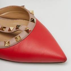 Pre Owned Valentino Red/Beige Leather Rockstud Ankle Strap Pumps Size 37.5