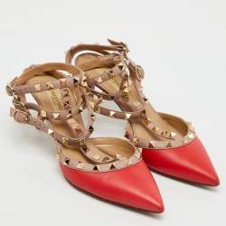 Pre Owned Valentino Red/Beige Leather Rockstud Ankle Strap Pumps Size 37.5