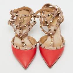 Pre Owned Valentino Red/Beige Leather Rockstud Ankle Strap Pumps Size 37.5