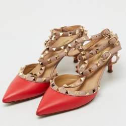 Pre Owned Valentino Red/Beige Leather Rockstud Ankle Strap Pumps Size 37.5