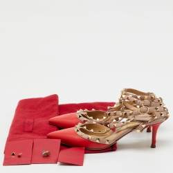 Pre Owned Valentino Red/Beige Leather Rockstud Ankle Strap Pumps Size 37.5