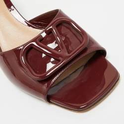 Pre Owned Valentino Burgundy Patent Leather VLogo Block Heel Slide Sandals Size 38.5