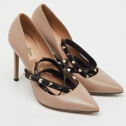 Pre Owned Valentino Beige/Black Leather Rockstud Ankle Wrap Pointed Toe Pumps Size 38
