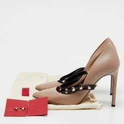 Pre Owned Valentino Beige/Black Leather Rockstud Ankle Wrap Pointed Toe Pumps Size 38