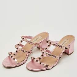 Pre Owned Valentino Metallic Pink Leather Rockstud Slide Sandals Size 36