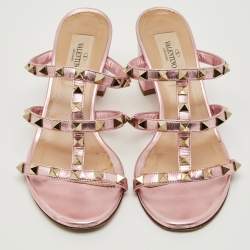 Pre Owned Valentino Metallic Pink Leather Rockstud Slide Sandals Size 36