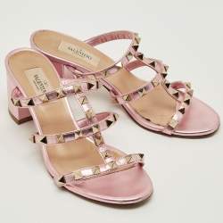 Pre Owned Valentino Metallic Pink Leather Rockstud Slide Sandals Size 36