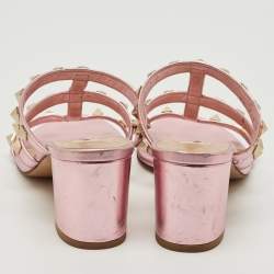 Pre Owned Valentino Metallic Pink Leather Rockstud Slide Sandals Size 36