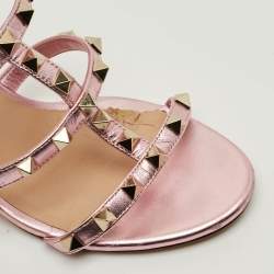 Pre Owned Valentino Metallic Pink Leather Rockstud Slide Sandals Size 36