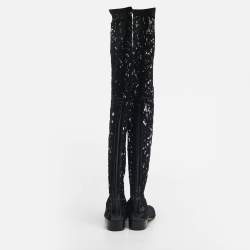 Pre Owned Valentino Black Lace and Mesh Knee Length Boots Size 40