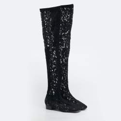 Pre Owned Valentino Black Lace and Mesh Knee Length Boots Size 40