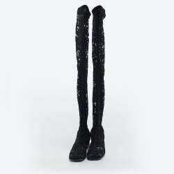 Pre Owned Valentino Black Lace and Mesh Knee Length Boots Size 40
