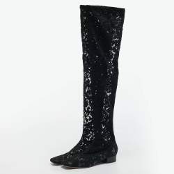 Pre Owned Valentino Black Lace and Mesh Knee Length Boots Size 40