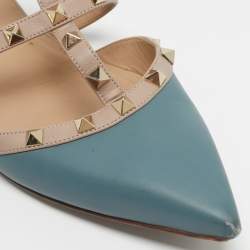 Pre Owned Valentino Grey/Beige Leather Rockstud Mules Size 41