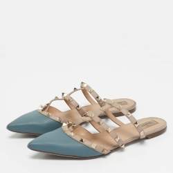 Pre Owned Valentino Grey/Beige Leather Rockstud Mules Size 41