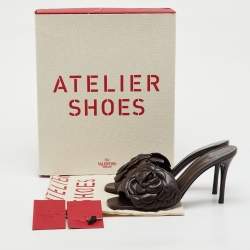 Pre Owned Valentino Dark Brown Leather Atelier 03 Rose Edition Slide Sandals Size 37