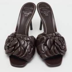 Pre Owned Valentino Dark Brown Leather Atelier 03 Rose Edition Slide Sandals Size 37