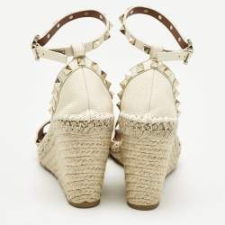 Pre Owned Valentino Cream Leather Rockstud Wedge Sandals Size 36