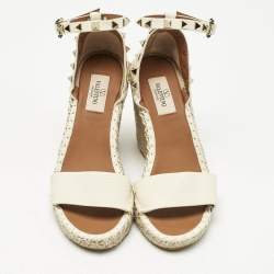Pre Owned Valentino Cream Leather Rockstud Wedge Sandals Size 36