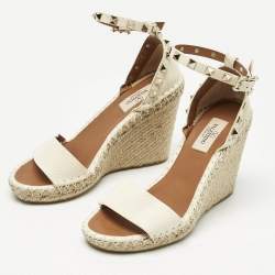 Pre Owned Valentino Cream Leather Rockstud Wedge Sandals Size 36