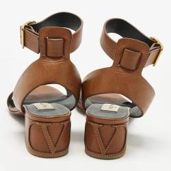 Pre Owned Valentino Brown Leather Ankle Strap Block Heel Sandals Size 35.5