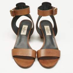 Pre Owned Valentino Brown Leather Ankle Strap Block Heel Sandals Size 35.5
