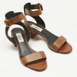 Pre Owned Valentino Brown Leather Ankle Strap Block Heel Sandals Size 35.5