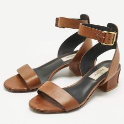 Pre Owned Valentino Brown Leather Ankle Strap Block Heel Sandals Size 35.5