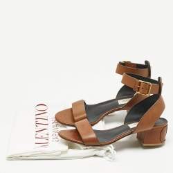Pre Owned Valentino Brown Leather Ankle Strap Block Heel Sandals Size 35.5