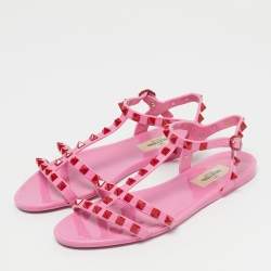 Pre Owned Valentino Pink Rubber Rockstud Ankle Strap Flat Sandals Size 36