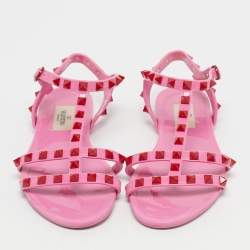Pre Owned Valentino Pink Rubber Rockstud Ankle Strap Flat Sandals Size 36