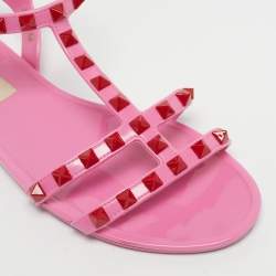 Pre Owned Valentino Pink Rubber Rockstud Ankle Strap Flat Sandals Size 36