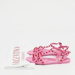 Pre Owned Valentino Pink Rubber Rockstud Ankle Strap Flat Sandals Size 36