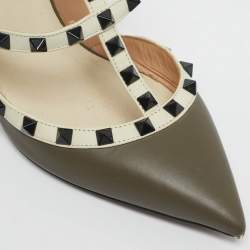 Pre Owned Valentino Grey/Cream Leather Rockstud Ankle Strap Pumps Size 41