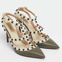 Pre Owned Valentino Grey/Cream Leather Rockstud Ankle Strap Pumps Size 41