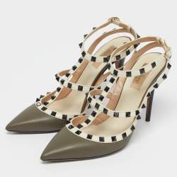 Pre Owned Valentino Grey/Cream Leather Rockstud Ankle Strap Pumps Size 41