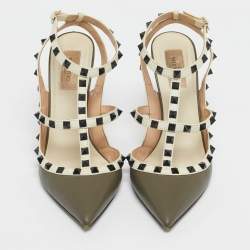 Pre Owned Valentino Grey/Cream Leather Rockstud Ankle Strap Pumps Size 41